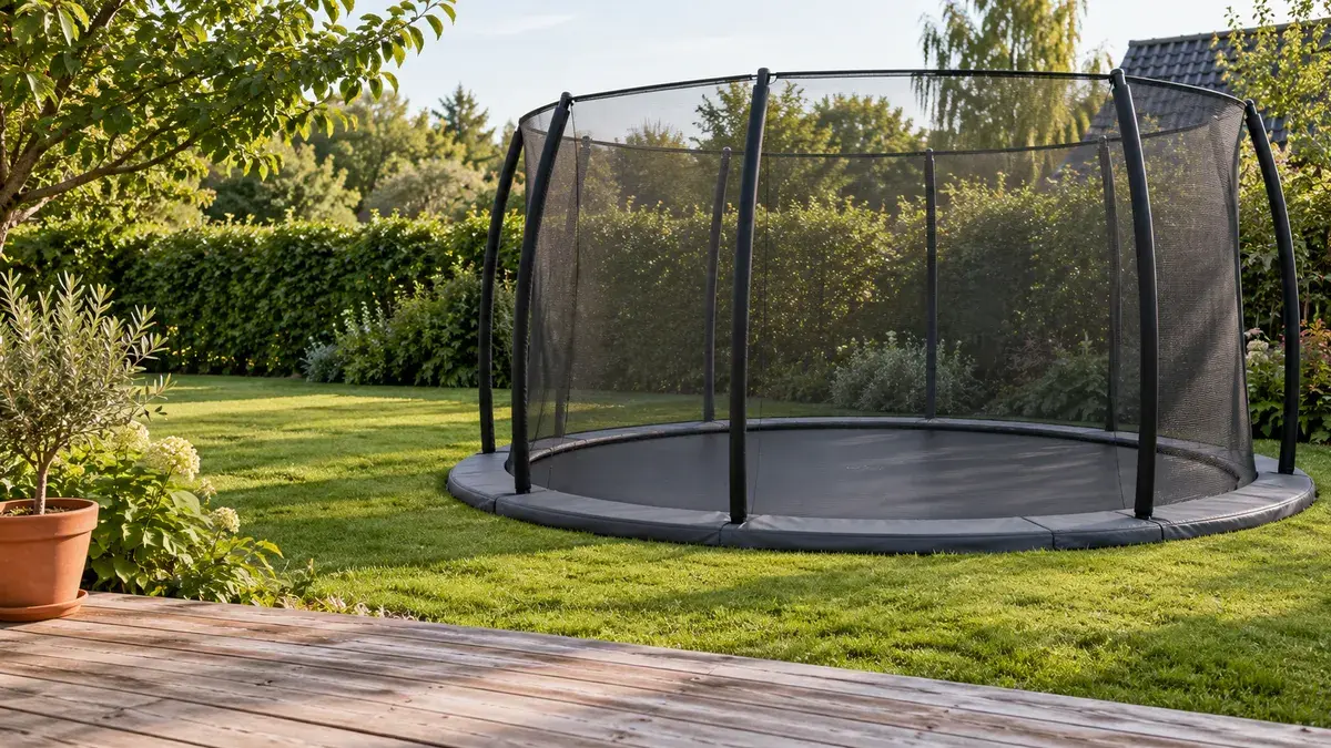 Rund nedgravet trampolin med højt sort sikkerhedsnet på buede stolper i en have, set fra kanten af en terrasse