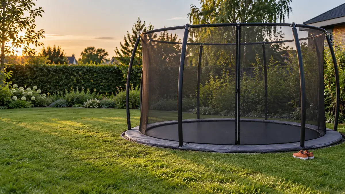 Nedgravet rund trampolin med højt sort sikkerhedsnet og lukket indgang i en have i aftensol, et par børnesko på græsset