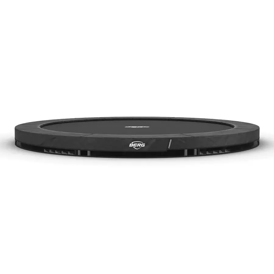 BERG Champion InGround trampolin uden net med mørk kantpude og hvidt BERG-logo, flad rund ramme på hvid baggrund