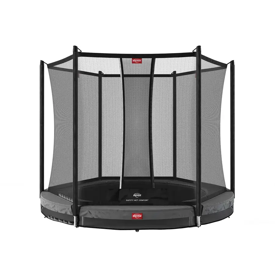 Grå BERG Favorit InGround trampolin med Safety Net Comfort på lige netstænger, produktfoto på hvid baggrund
