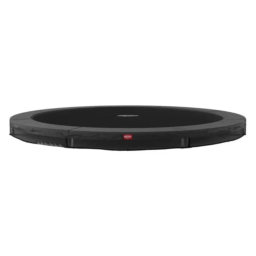 BERG Favorit InGround trampolin uden sikkerhedsnet, flad rund ramme med mørkegrå polstring, packshot på hvid baggrund