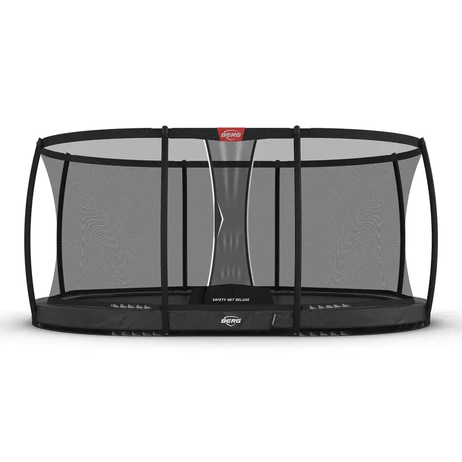 Oval BERG Grand Champion InGround i grå med buet Safety Net Deluxe og indgang i midten, produktfoto på hvid baggrund