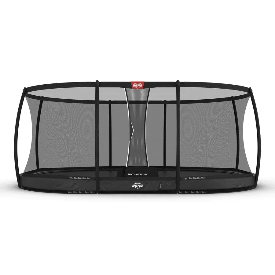 BERG Grand Elite InGround, oval trampolin med Elite-mærke på kantpuden og buet Safety Net Deluxe, hvid baggrund
