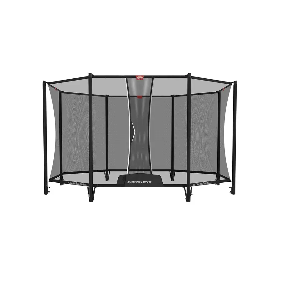 BERG Safety Net Comfort med lige sorte stolper, gråt net og en smal indgang med mærkat forneden, vist uden trampolin